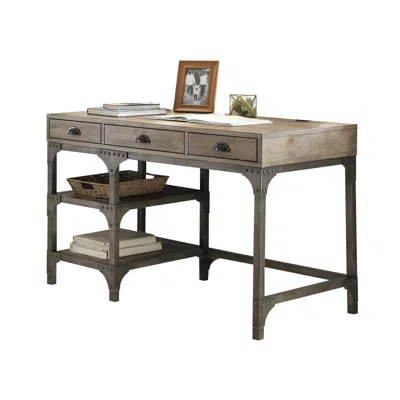 Goodsilo Industrial Rustic Oak Metal Writing Desk In Gray