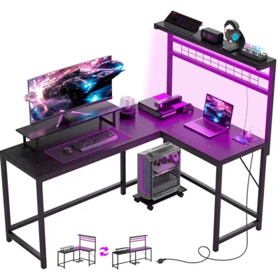 Goodsilo L-shaped Computer Desk With Built-in Power And Led Lighting In Black