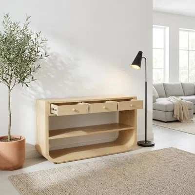 Goodsilo Modern Curved Console Table Featuring 3 Soft-close Drawers And 2 Open Storage Shelves, Sturdy Solid  In Natural