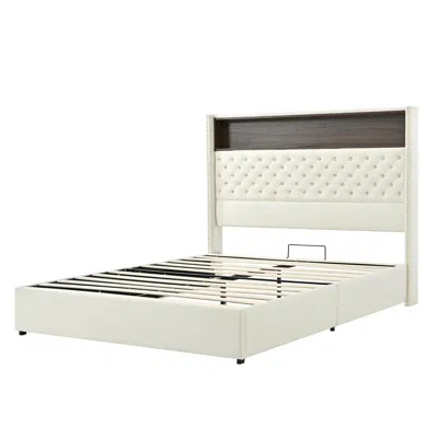 Goodsilo Queen Size Tufted Wing-back Platform Bed With Headboard Shelf In Neutral