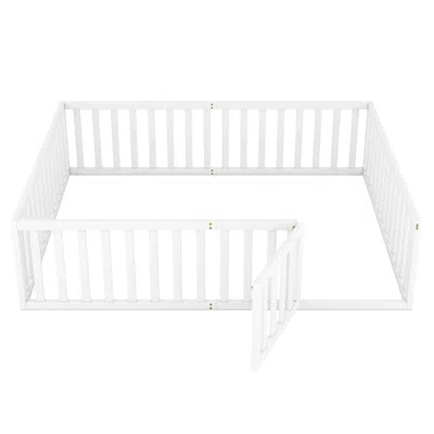 Goodsilo Queen Size Wood Floor Bed Frame With Fence In White