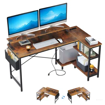 Goodsilo Reversible L-shaped Corner Gaming Office Desk In Brown