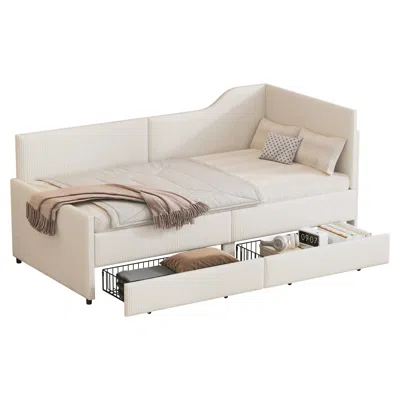 Goodsilo Twin Size L-shaped Corduroy Daybed With Storage Drawers In Neutral