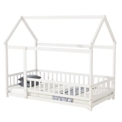 Goodsilo Twin Size Wooden Floor Bed With Roof Frame In White