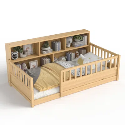Goodsilo Wooden Twin Floor Bed With Fence Guardrail Storage In Nude