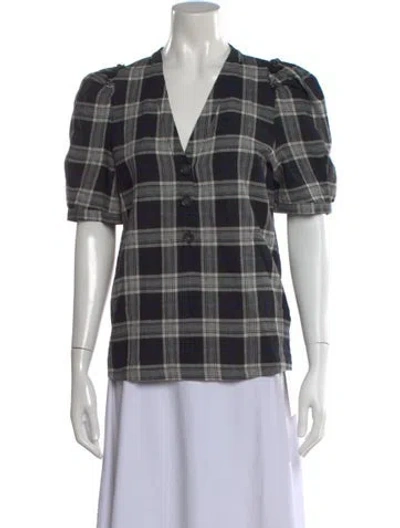 Pre-owned Goop G. Label Plaid Print V-neck Top In Black