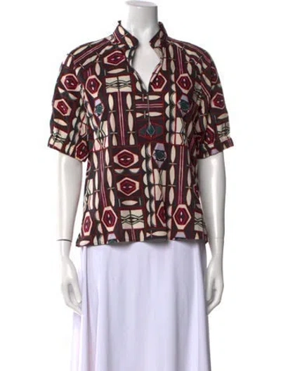 Pre-owned Goop G. Label Printed Mock Neck Button-up Top In Black