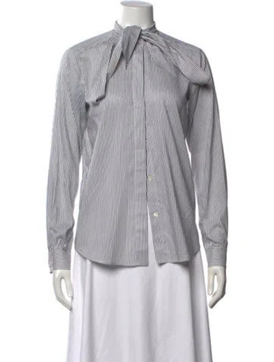Pre-owned Goop G. Label Striped Tie Neck Button-up Top In Blue