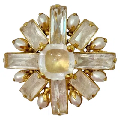 Pre-owned Goossens Paris 24k Gold-plated Brass Brooch With Rock Crystals And Pearls In Multiple