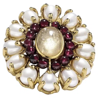 Pre-owned Goossens Paris 24kt Gold Plated Baroque Pearl Garnet Cocktail Ring In Multiple