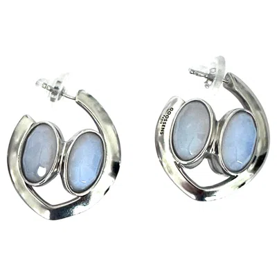 Pre-owned Goossens Paris Blue Chalcedony And Ruthenium Hoop Earrings