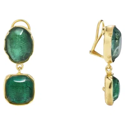 Pre-owned Goossens Paris Emerald Green Rock Crystal Cabochon Clip Earrings