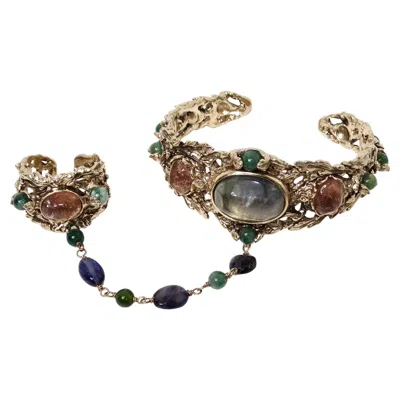 Pre-owned Goossens Paris Goosens Paris Ornate Gemstone Hand Chain Cuff Bracelet With Ring In Multi