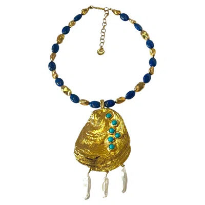 Pre-owned Goossens Paris Large Shell Pendant Necklace With Lapis Lazuli & Pearls In Multi