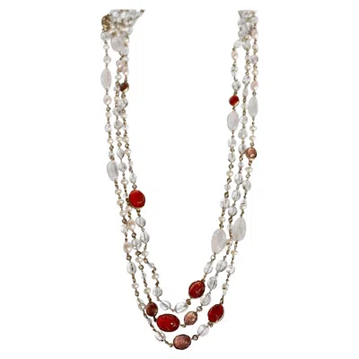 Pre-owned Goossens Paris Pink/salmon Long Rock Crystal And Pearl Necklace In Gray