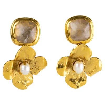 Pre-owned Goossens Paris Robert Goossens Gilded Metal Floral Clip Earrings With Pearls And Rock Crystal In Multi