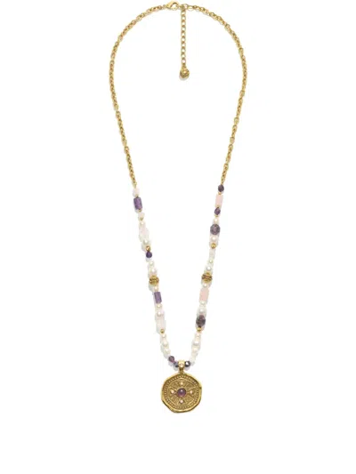Goossens Syracuse Long Medal & Freshwater Pearls Necklace In Gold
