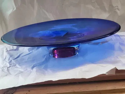 Pre-owned Goran And Ann Warff Mid-century Swedish Modern Art Glass Bullicante Dish By Goran Warff & Kosta Boda In Blue