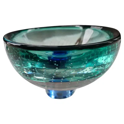 Pre-owned Goran And Ann Warff Mid-century Swedish Modern Art Glass Footed Bowl By Goran Warff For Kosta Boda In Blue
