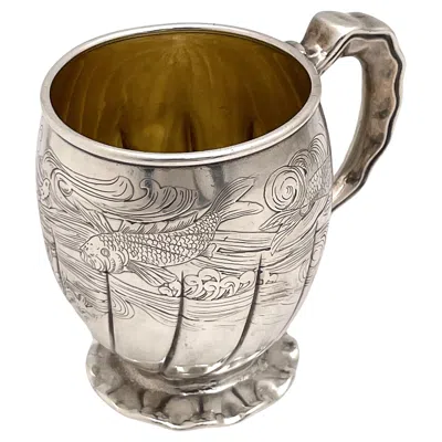Pre-owned Gorham 1880 Sterling Silver Etched Child's Christening Mug With Aquatic Motifs In Sand