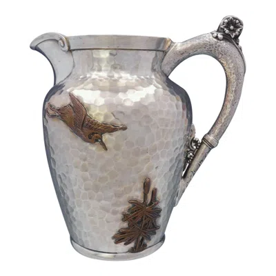 Pre-owned Gorham Aesthetic Mixed Metals  Sterling Silver Water Pitcher Applied Bird