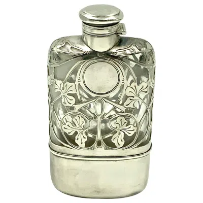 Pre-owned Gorham Antique Art Nouveau Floral  Sterling Silver Overlay Flask In Sand