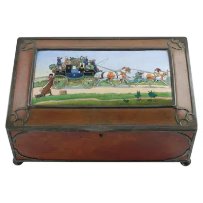 Pre-owned Gorham Athenic Cigar Box With Cecil Aldin Enameled Plaque And Silver Decoration In Brown