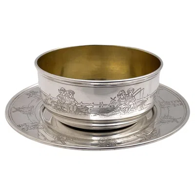Pre-owned Gorham Gilt Sterling Silver 1927 Child Bowl & Underplate With Children Motifs In Brown
