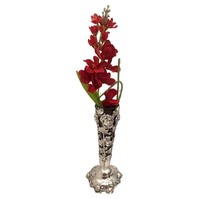 Pre-owned Gorham Sterling Silver Vase In Art Nouveau Style With Dimensional Flowers In Brown