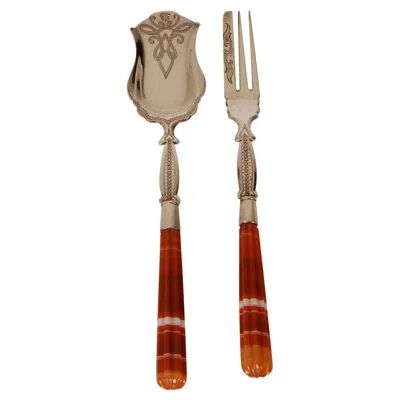 Pre-owned Gorham Victorian Sterling Silver Tableware Carneool Agate Flatware Serving Set Antique In Brown