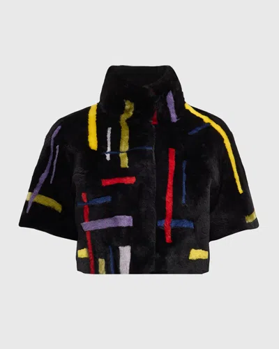 Gorski Abstract Short-sleeve Lamb Shearling Crop Bolero In Black