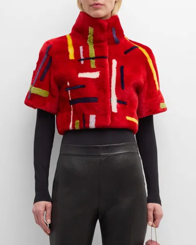 Gorski Abstract Short-sleeve Lamb Shearling Crop Bolero In Redmulti Intarsia