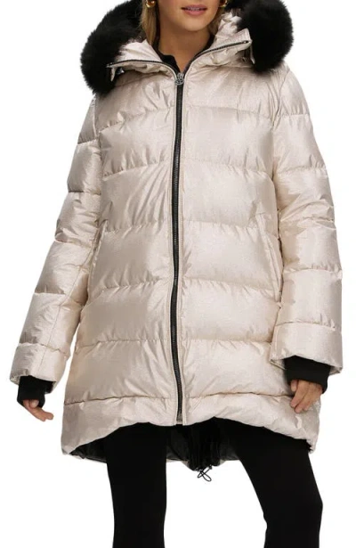 Gorski Apres-ski Horizontal Long Coat With Detachable Genuine Shearling Hood Trim In Gold