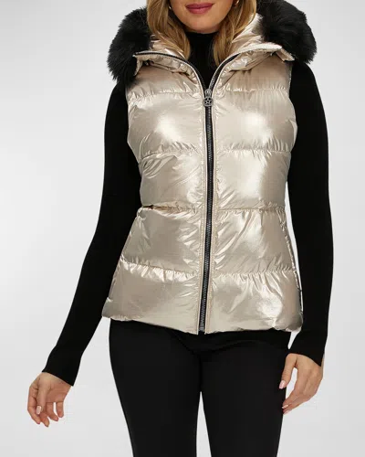 Gorski Apres-ski Vest With Detachable Toscana Lamb Shearling Hood Trim In Gold/black