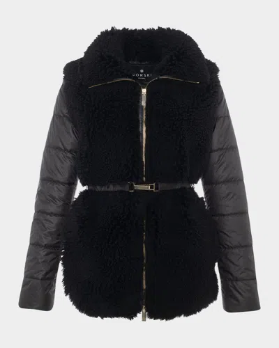 Gorski Belted Curly Lamb Shearling Jacket With Quilted Sleeves & Back In Black