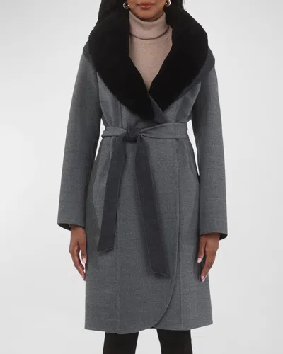 Gorski Belted Wool Stroller Coat With Detachable Lamb Shearling Collar In Gray Dark/black