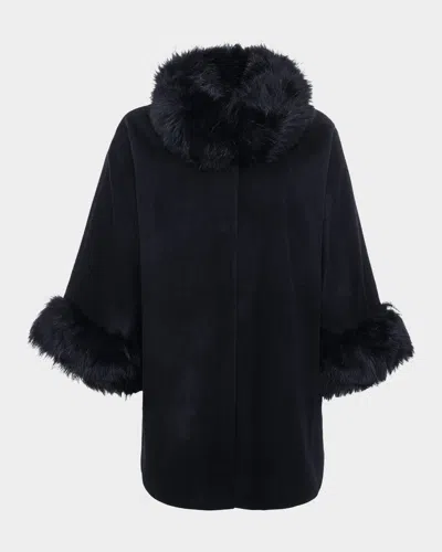 Gorski Cashmere & Wool Blend Cape With Select Lamb Shearling Trim In Black