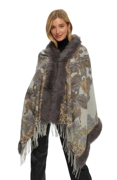 Gorski Double Faced Cashmere Stole With Toscana Lamb Tape Top And Bottom In Gray