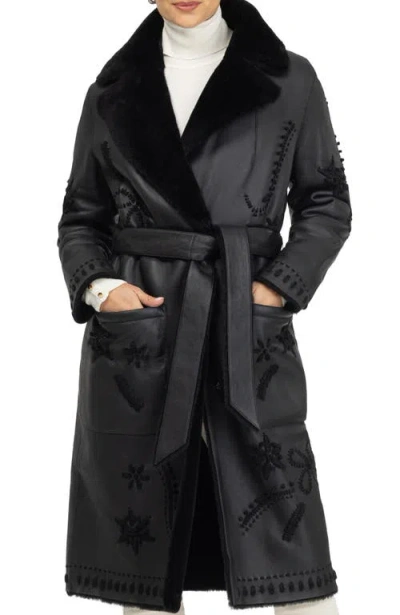 Gorski Genuine Shearling Short Coat With Embroidery, Belt In Black