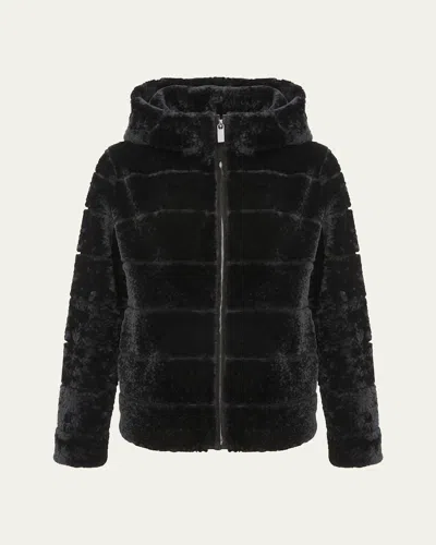 Gorski Horizontal Curly Shearling Lamb Zip Hooded Jacket In Black