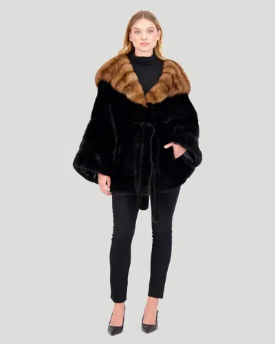 Gorski Horizontal Mink Cape With Sable Hood, Mink Belt In Black