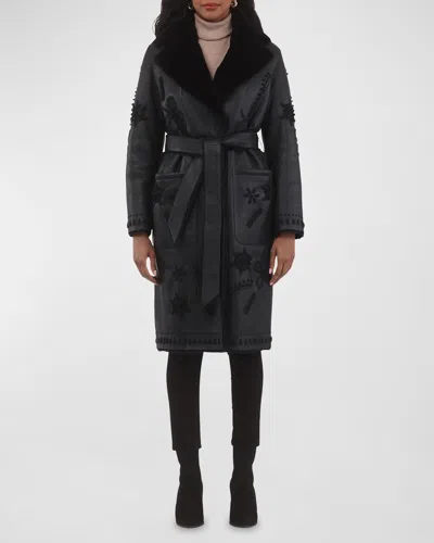 Gorski Lamb Shearling Wrap Coat With Floral Embroidery In Black