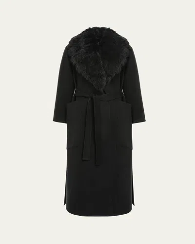 Gorski Detachable Goat Shearling Collar Belted Wool-cashmere Long Coat In Black/black