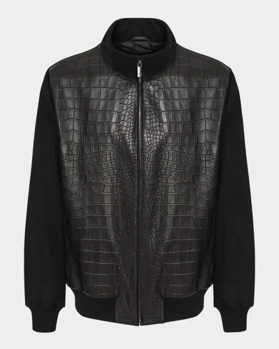 Gorski Men's Croco Nappa Leather Wool Bomber Jacket