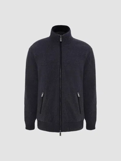 Gorski Men's Knit Jacket With Detachable Select Shearling Lamb Collar In Blue