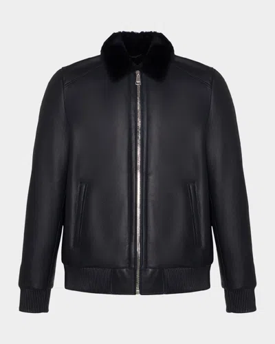 Gorski Men's Lamb Shearling Bomber Jacket In Blue