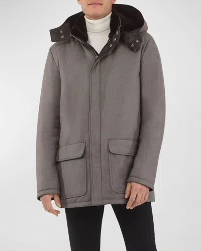 Gorski Men's Loro Piana Wool-cashmere Parka With Lamb Shearling Collar And Detachable Hood In Taupe/brown