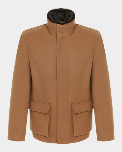 Gorski Men's Loro Piana Wool Jacket With Detachable Merino Shearling Lamb Collar In Animal Print
