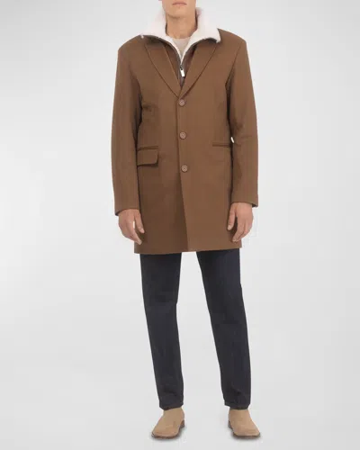 Gorski Men's Loro Wool Short Coat With Merino Shearling Lamb Trim In Whiskey Pattern
