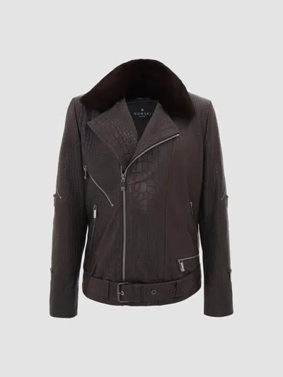 Gorski Men's Nappa Leather Croco Embossed Biker Jacket With Detachable Shearling Lamb Collar In Brown